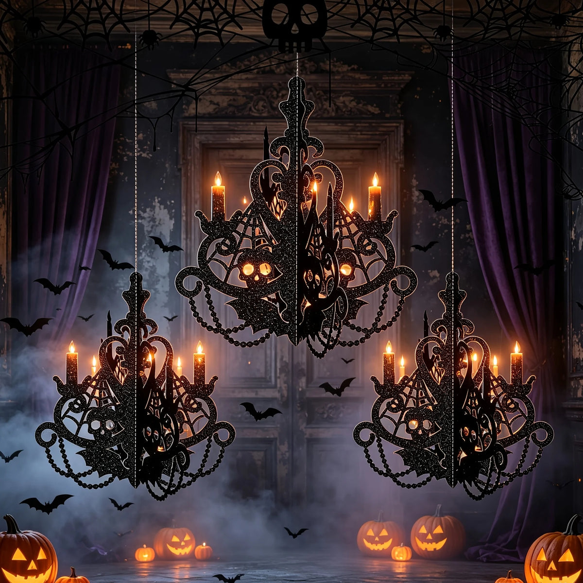 3PCS Halloween Candelabra Hanging Decorations, Spooky Ghost House Ceiling Ornaments, Gothic Hanging Lamp Decor, Haunted House Party Supplies, Indoor Halloween Decorations
