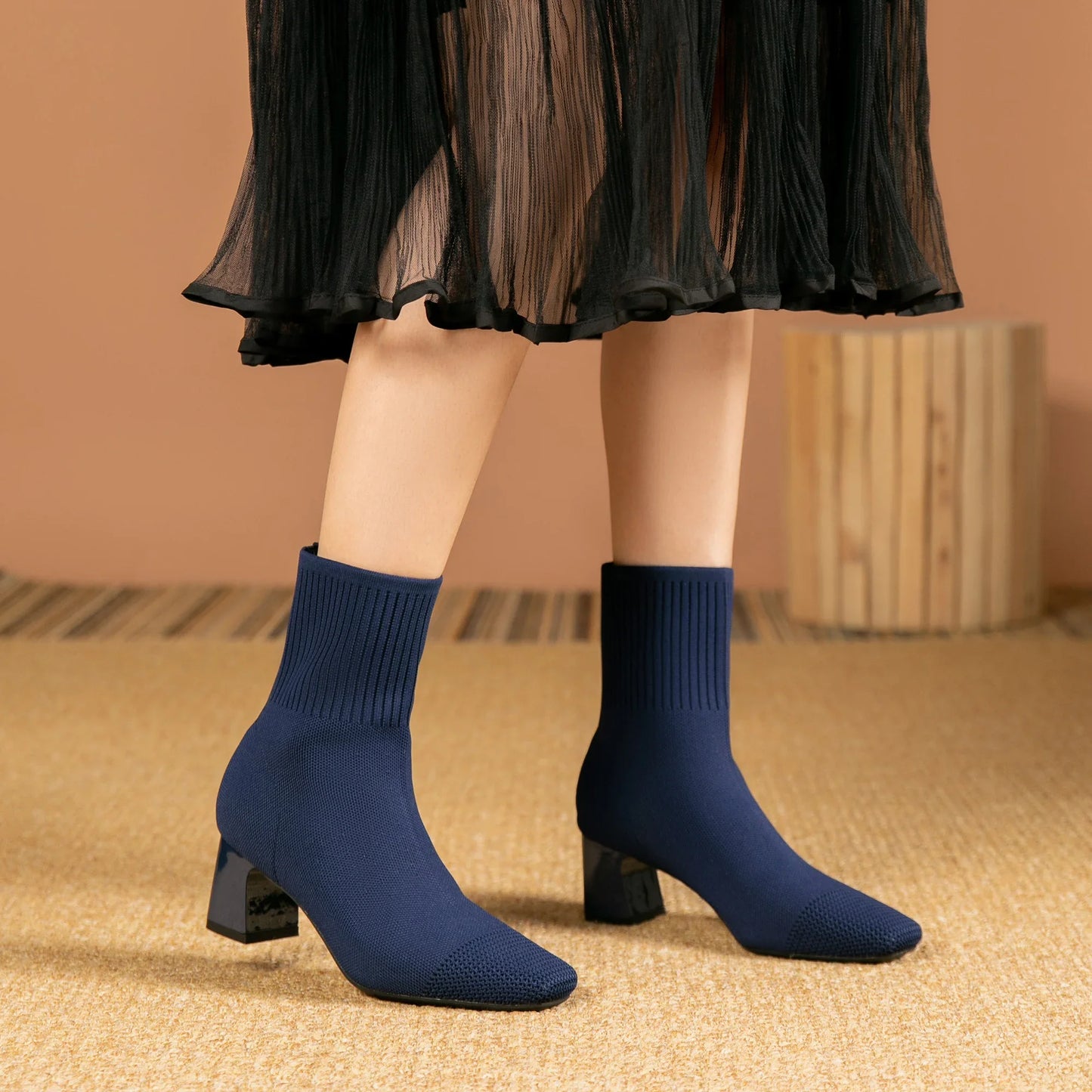 Women's Knitted Sock Boots – Pointed Toe High Heel Mid-Calf Boots, Stretch Fabric Slip-On Design for Spring & Autumn, Plus Size 43