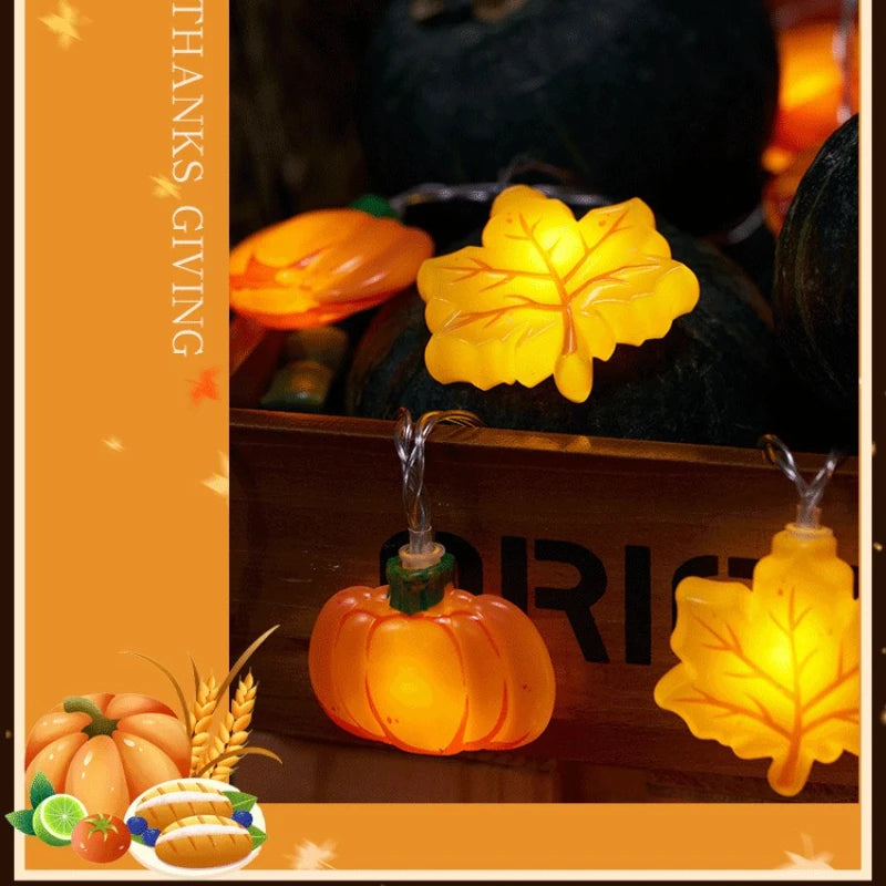 1.5M/3M Halloween LED Pumpkin String Lights – Maple Leaf & Nut Design Hanging Lights for Halloween, Thanksgiving, Christmas & Party Home Decor