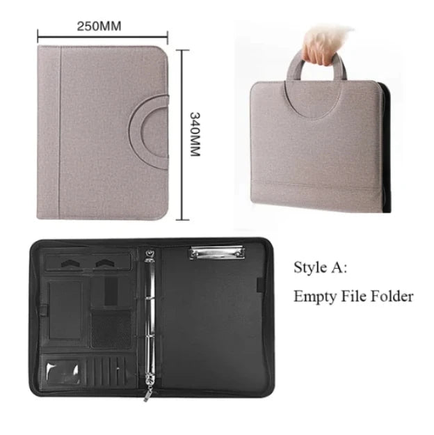 A4 PU Leather Zipper Portfolio Folder – Portable Conference File Organizer with Calculator Holder, Tablet Compartment & Handle