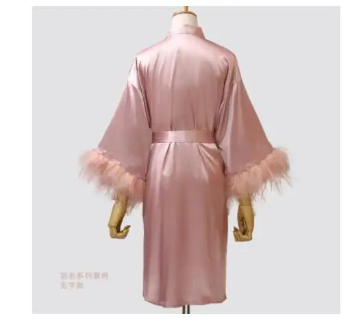 Women’s Feather Satin Robe – Bride Bridesmaid Wedding Kimono Bathrobe V-Neck Nightgown Lingerie