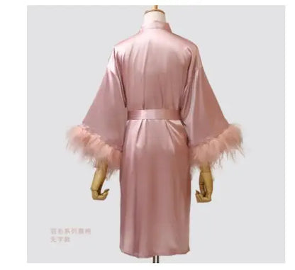 Women’s Feather Satin Robe – Bride Bridesmaid Wedding Kimono Bathrobe V-Neck Nightgown Lingerie