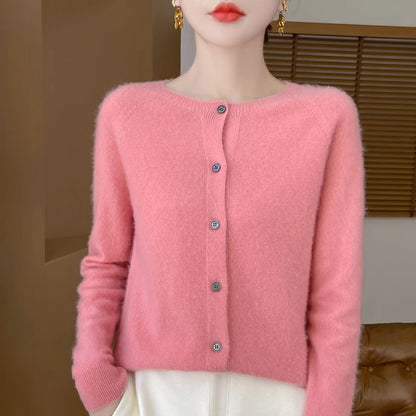 Women's 100% Merino Wool Long-Sleeve Sweater – O-Neck Knit Cardigan-Style Top for Spring & Autumn, Soft Basic Fashion Knitwear