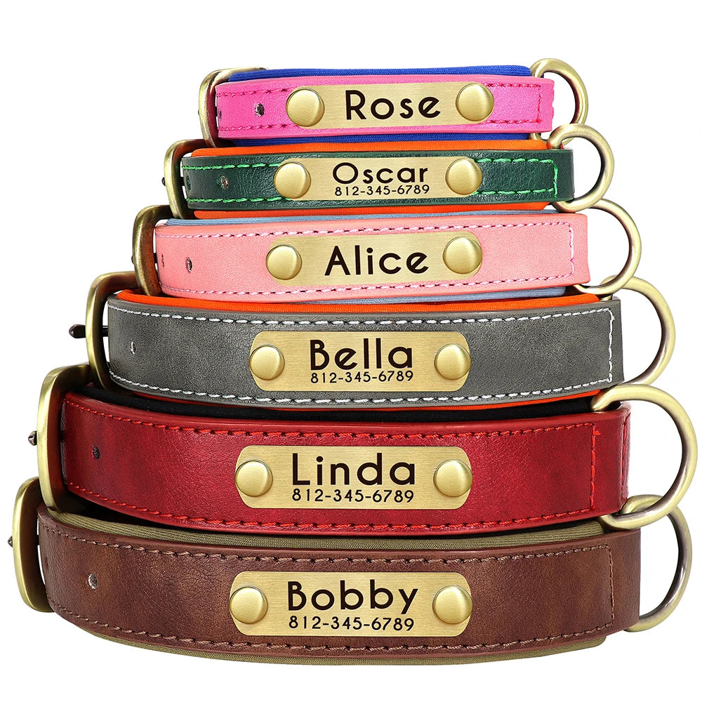 Collar de perro de piel sintética personalizado con placa de identificación grabada gratuita – Collar ajustable suave acolchado para perros pequeños, medianos y grandes