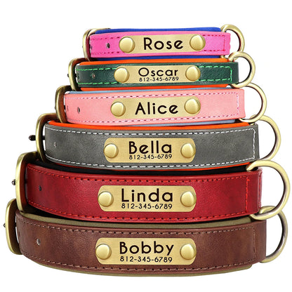 Collar de perro de piel sintética personalizado con placa de identificación grabada gratuita – Collar ajustable suave acolchado para perros pequeños, medianos y grandes