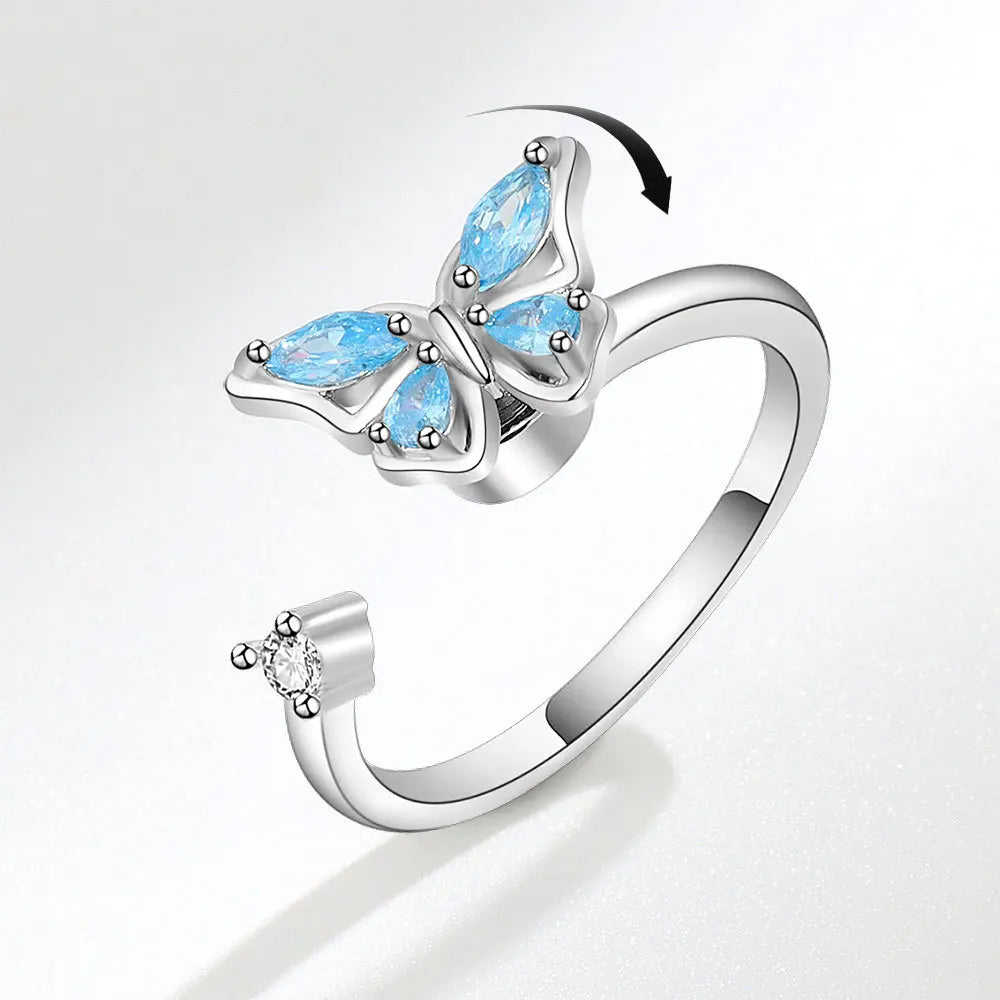 Anillo giratorio antiestrés de mariposa y flor con diamantes de imitación – Anillo giratorio antiansiedad para mujer | Joyería ajustable para aliviar el estrés