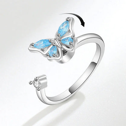 Anillo giratorio antiestrés de mariposa y flor con diamantes de imitación – Anillo giratorio antiansiedad para mujer | Joyería ajustable para aliviar el estrés