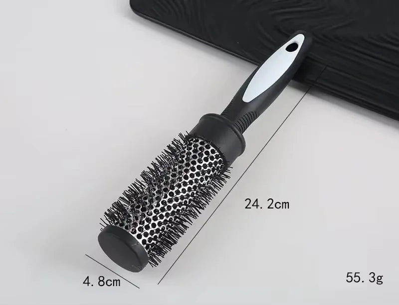 Round Hair Styling Brush – Nylon Bristle Comb with Thermal Aluminum Barrel for Curling, Blow-Drying & Volume, Professional Hairdressing Tool