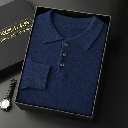 Men’s Luxury Merino Wool Cashmere Sweater – Buttoned Polo Collar Pullover, Warm Knitwear for Autumn & Winter Casual Wear