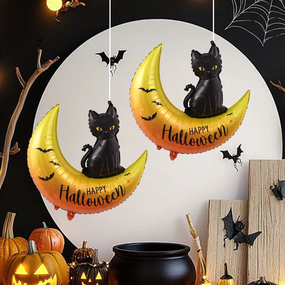 2PCS Black Cat Moon Halloween Foil Balloons – Happy Halloween Aluminum Mylar Balloons for Party Decorations, Favors & Gifts