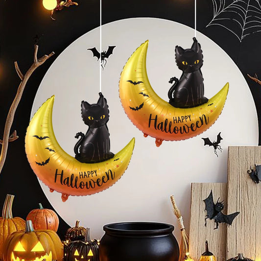 2PCS Black Cat Moon Halloween Foil Balloons – Happy Halloween Aluminum Mylar Balloons for Party Decorations, Favors & Gifts