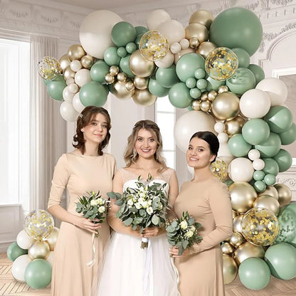 Sage Green Balloon Arch Garland Kit – Green, White, Sand & Gold Confetti Latex Balloons for Birthday, Wedding & Graduation Decorations