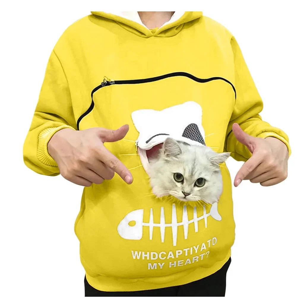 Women's Cute Cat Pocket Hoodie – Long Sleeve Casual Sweatshirt for Spring, Autumn & Winter, Simple Commuter Top with Pet Pocket