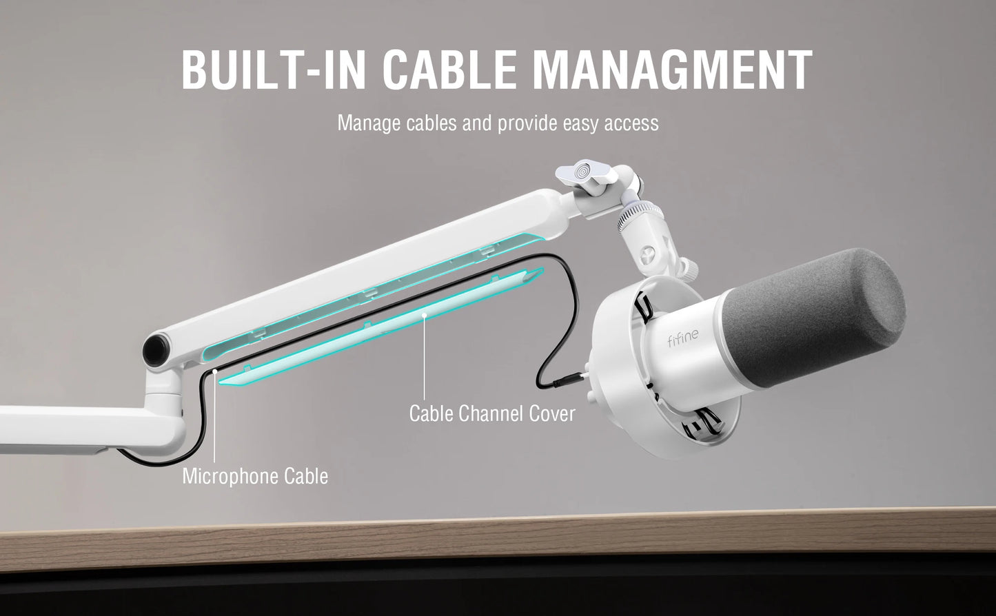 FIFINE BM88W Low-Profile Microphone Boom Arm – Adjustable Desk Mount Mic Arm with Built-In Cable Management for Streaming, Gaming & Podcasting (White)