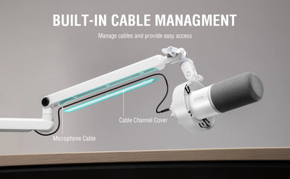 FIFINE BM88W Low-Profile Microphone Boom Arm – Adjustable Desk Mount Mic Arm with Built-In Cable Management for Streaming, Gaming & Podcasting (White)