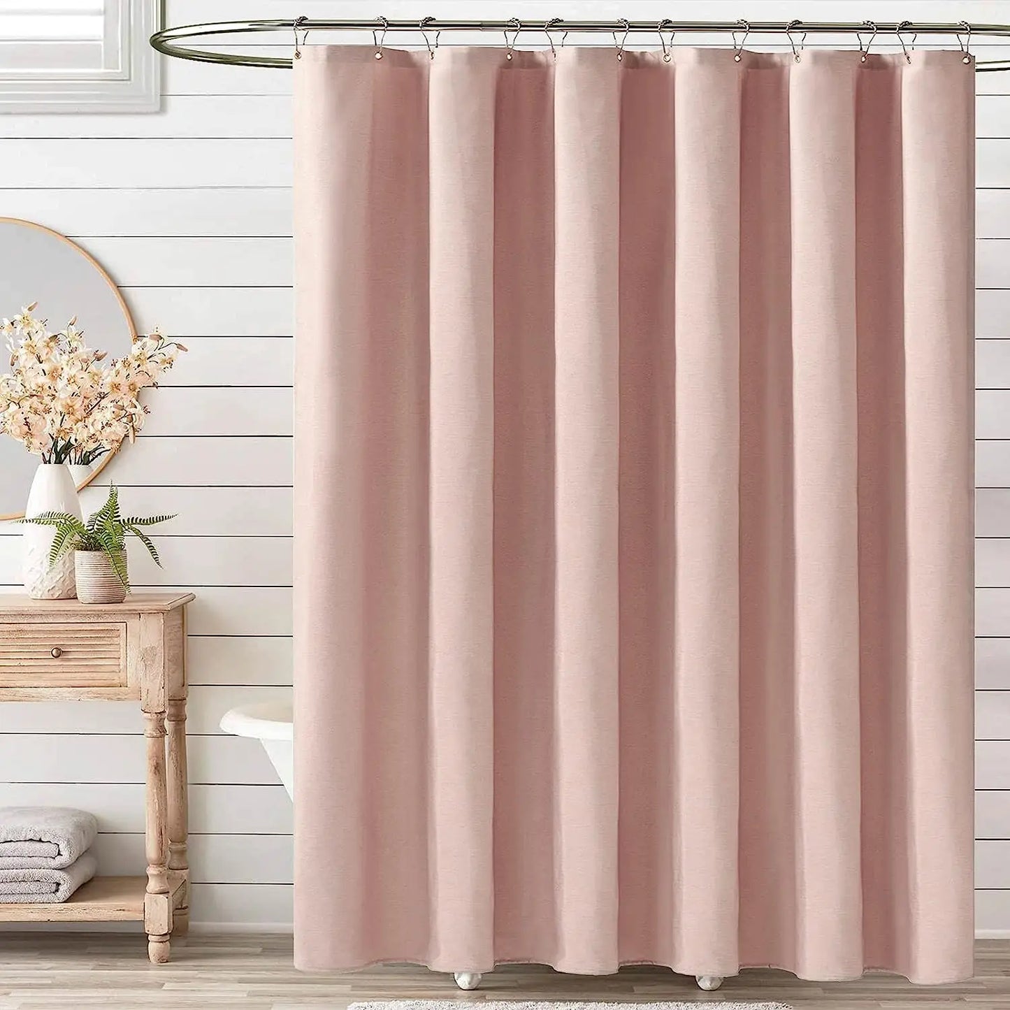 Cortina de ducha de lino de lujo – Cortina de baño de tela impermeable con ganchos de metal