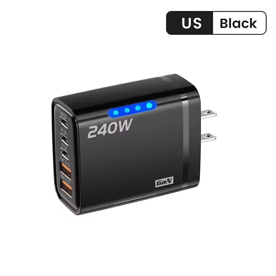 5-in-1 240W GaN Desktop Charger – 3PD + 2USB Fast Charging Adapter with 10A USB-C Cable for iPhone 17/16 Pro, Samsung & Laptops
