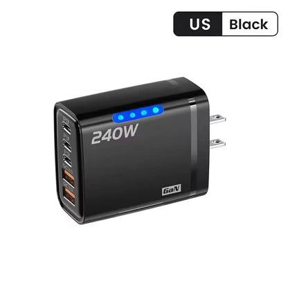 5-in-1 240W GaN Desktop Charger – 3PD + 2USB Fast Charging Adapter with 10A USB-C Cable for iPhone 17/16 Pro, Samsung & Laptops