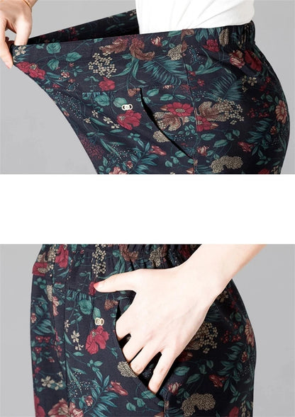 8XL Plus Size Women's Winter Pants – Printed Elastic High-Waist Velvet Trousers, Warm Straight-Leg Casual Oversized Fit
