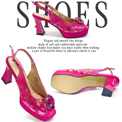 Elegant Women’s Fuchsia Peep Toe Heels & Matching Bag Set – Rhinestone Italian-Style Sandals for Parties, Weddings & Special Occasions
