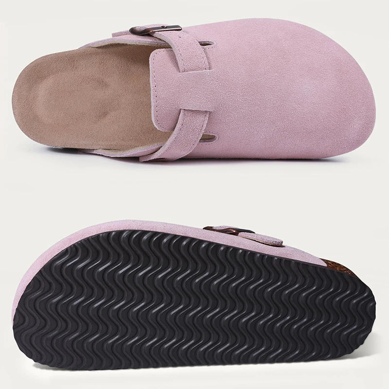 Kidmi Zuecos de ante de vaca para mujer y hombre, mules con plantilla de corcho, correa ajustable y soporte para el arco del pie