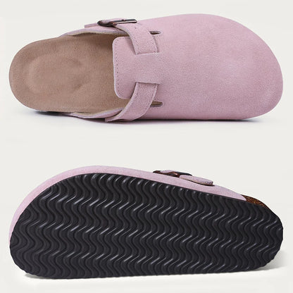Kidmi Zuecos de ante de vaca para mujer y hombre, mules con plantilla de corcho, correa ajustable y soporte para el arco del pie