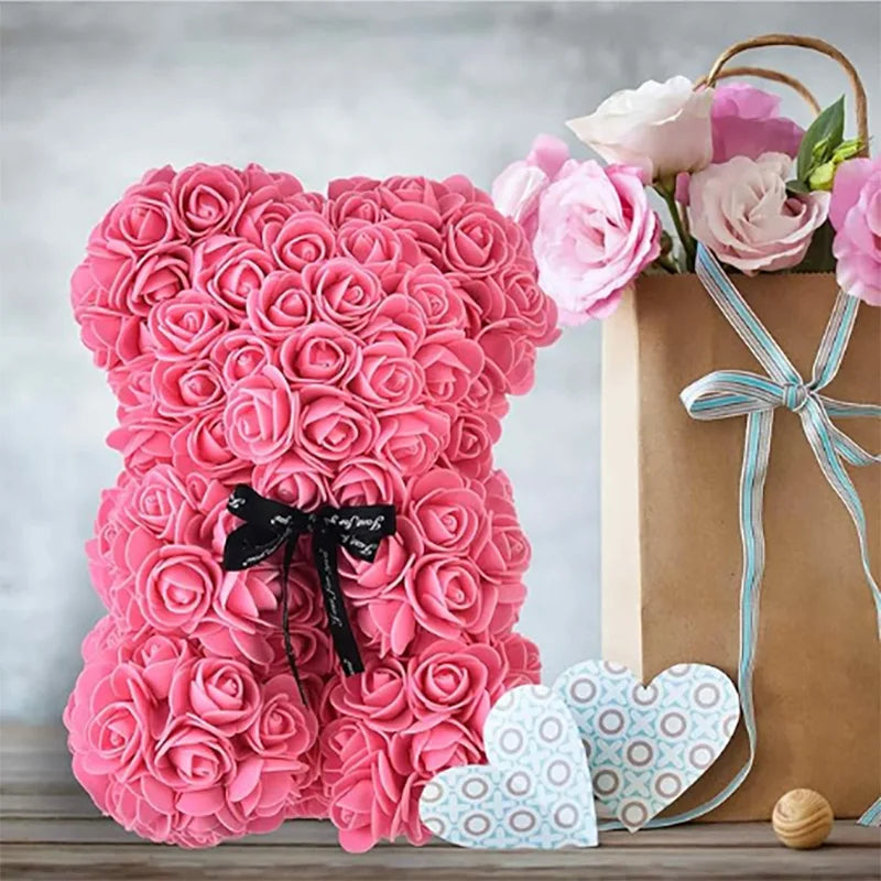 Oso de rosas artificiales de 25 cm con caja de regalo – Regalo romántico para ella en San Valentín, aniversario y boda