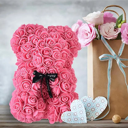 Oso de rosas artificiales de 25 cm con caja de regalo – Regalo romántico para ella en San Valentín, aniversario y boda