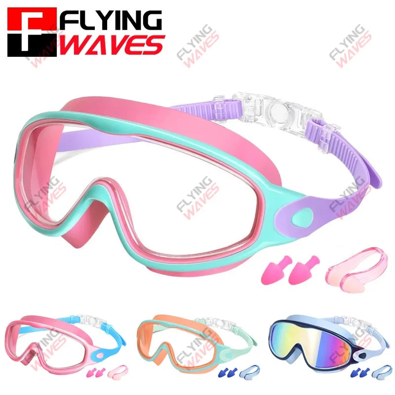 Colorful Kids Swimming Goggles – Wide-Vision Anti-UV & Anti-Fog No-Leak Swim Glasses for Boys & Girls Ages 3-15, Pool Accessories