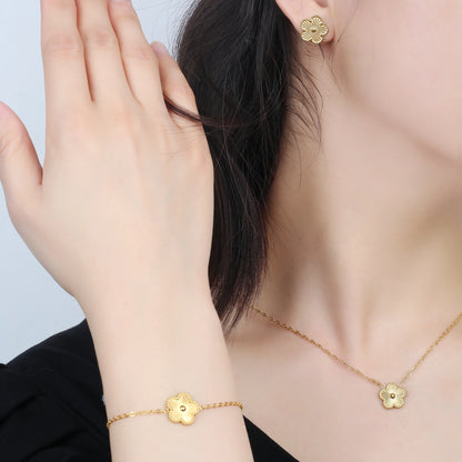 3Pcs Women’s 18K Gold Plated Five Leaf Flower Jewelry Set Clover Necklace Earrings Bracelet Party