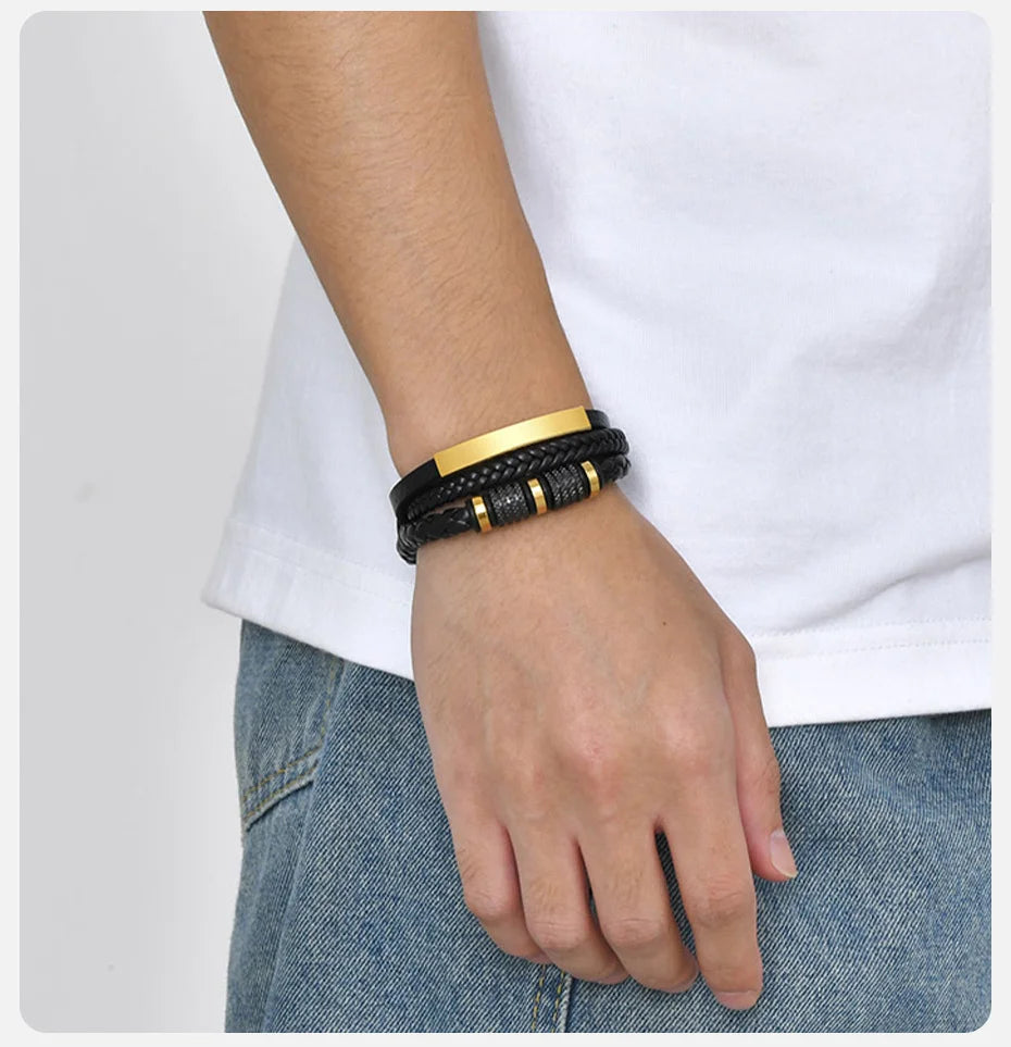 Vnox Personalized Braided Leather Bracelet for Men – Custom Name Engraved Triple Woven PU Leather Wristband | Handmade Gift Jewelry