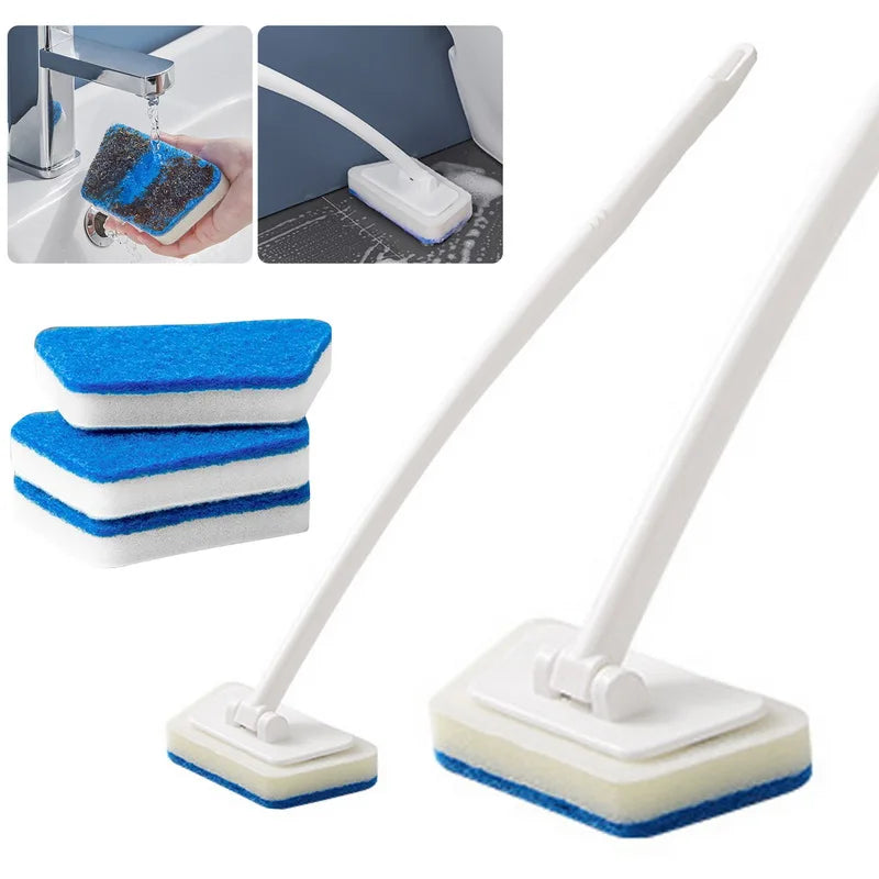 Brosse de nettoyage éponge de salle de bain – Outil de récurage multifonctionnel à long manche, brosse éponge amovible pour le nettoyage en profondeur des sols, baignoires, carrelages en céramique et surfaces domestiques