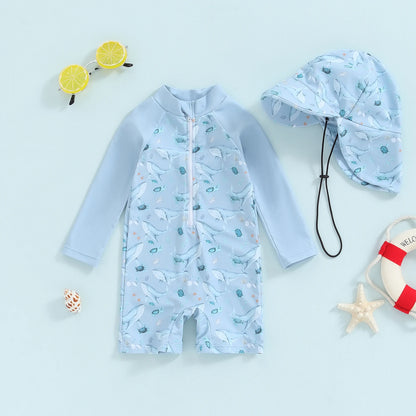 Toddler Baby Boy Whale Print Swimwear Set – Long Sleeve Rash Guard Swimsuit with Sun Hat, Infant UV Protective Beachwear for Swimming, Pool, Summer Vacation & Outdoor Activities