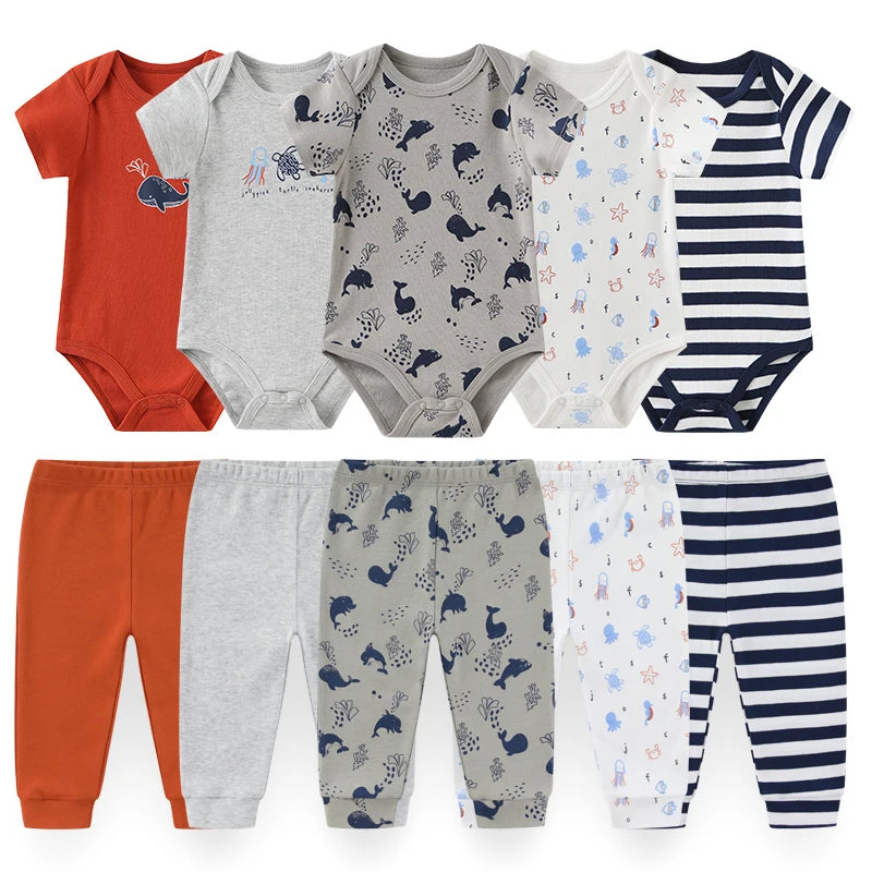 Kiddiezoom 10PCS Baby Clothing Set – Unisex Newborn Bodysuits & Pants, Soft Four-Season Infant Outfit for Baby Boys & Girls
