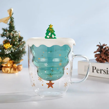 Christmas Tree Glass Cup – Transparent Double-Wall Heat-Resistant Couples Mug with Snowflake Design, Creative Coffee & Drinking Cup Gift