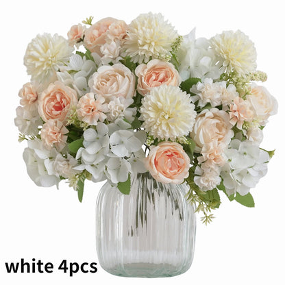 Ramo de flores artificiales realista – Arreglo floral sintético de peonía, crisantemo e hortensia con tallos, decoración reutilizable para el hogar, decoración para bodas y accesorios de fotografía