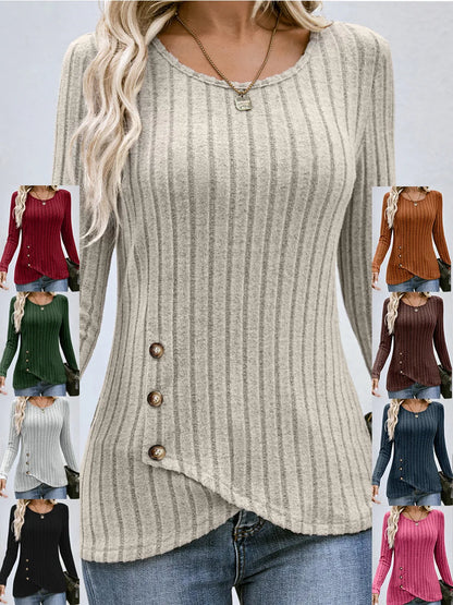 Women's Western Long Sleeve Top – Round Neck Fitted Waist-Cinched T-Shirt for Autumn Casual European & American Fashion