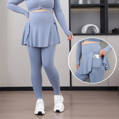 Plus Size Women's 2-in-1 Skirted Leggings – High-Waist Yoga & Training Pants with Pockets, Sharkskin Fabric & Faux Two-Piece Design