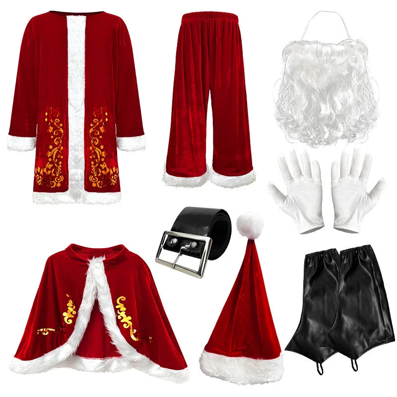 Men's Santa Claus Costume Set Gold Foil Print Christmas Outfit, Sizes M–6XL, Festive Holiday Cosplay Performance Suit for Christmas Parties and Halloween Dress-Up
