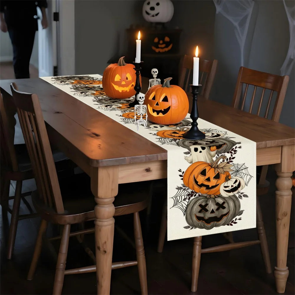 1PC Halloween Table Runner, Jack-o'-Lantern Pumpkin and Spider Web Print, Farmhouse Dining Table Decor, Spooky Kitchen Decoration, Halloween Party Tablecloth Accent