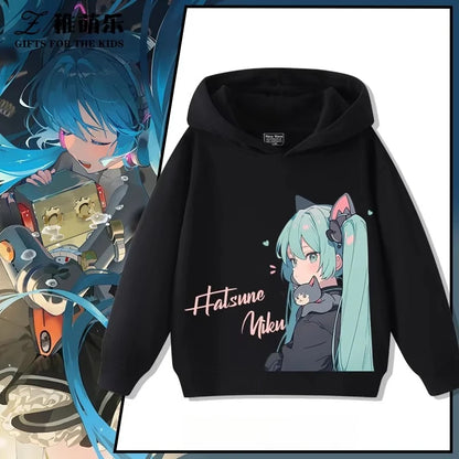 Hatsune Miku 2025 Cartoon Print Hooded Sweatshirt – Boys & Girls All-Match Autumn/Winter Top