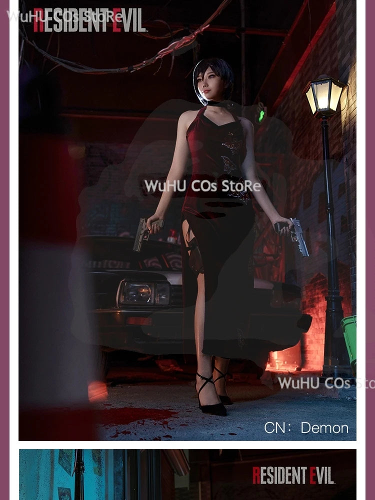 Resident Evil 4 Ada Wong Cosplay Costume | Red Cheongsam Embroidery Dress with Wig | Halloween Carnival & Anime Roleplay Suit for Women