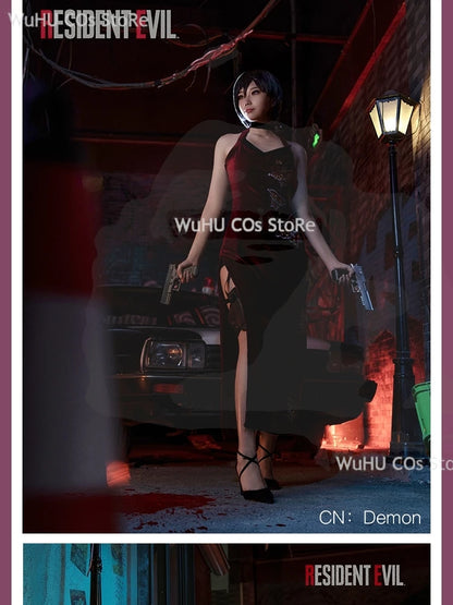 Resident Evil 4 Ada Wong Cosplay Costume | Red Cheongsam Embroidery Dress with Wig | Halloween Carnival & Anime Roleplay Suit for Women
