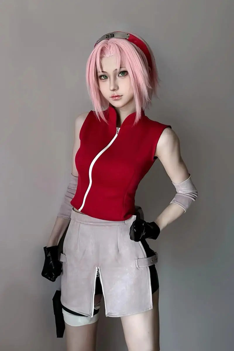 Anime Sakura Cosplay Costume – Ninja Battle Suit (Red Top, Pink Skirt, Bag Full Set for Halloween/Stage Party)