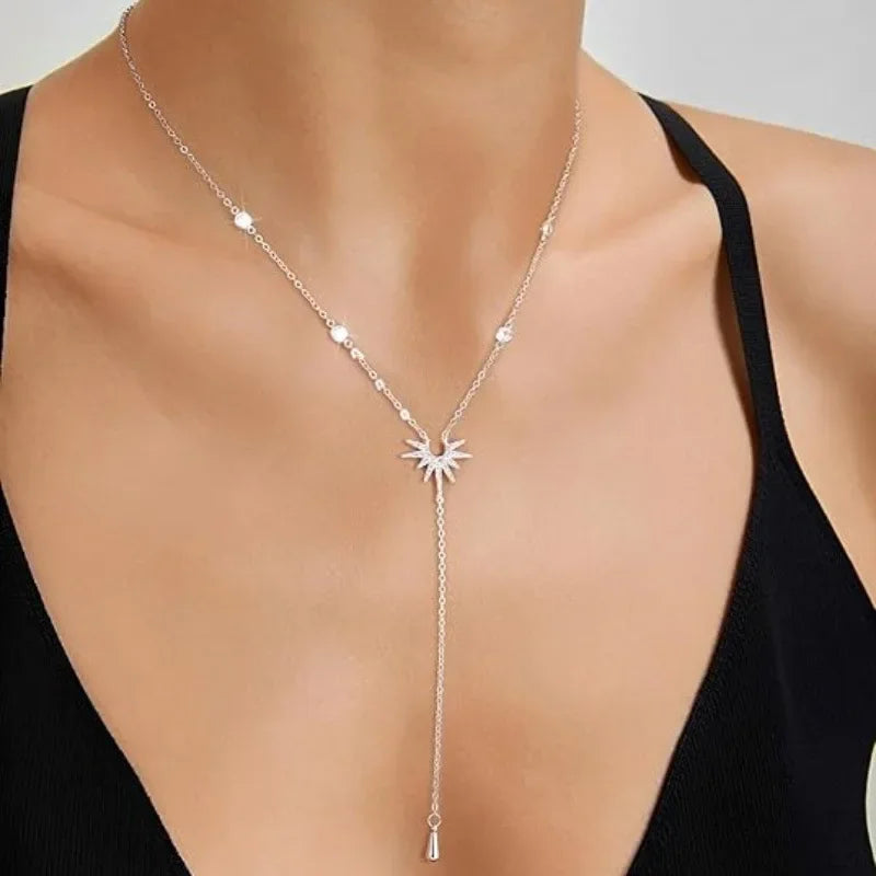 Collar con colgante de borla en Y de circonita cúbica de acero inoxidable – Gargantilla larga elegante para mujeres y niñas | Regalo de joyería de moda