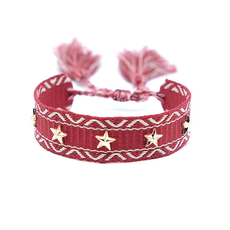 Bohemian Star Tassel Bracelet – Handmade Woven Alloy Gold Rivet Wrist Strap for Women | Ethnic Fashion Jewelry Gift
