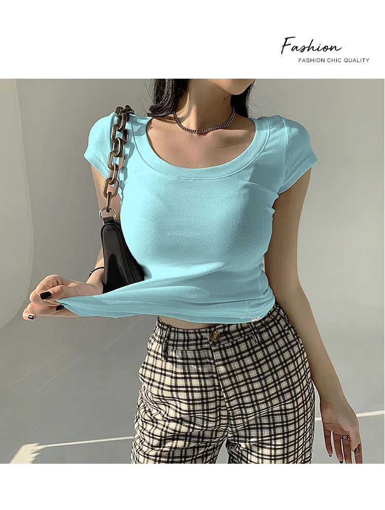 2026 Summer Women’s 100% Cotton Slim T-Shirt Casual Basic O-Neck Solid Korean Style Tee 16 Colors