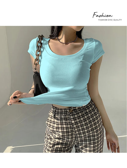 2026 Summer Women’s 100% Cotton Slim T-Shirt Casual Basic O-Neck Solid Korean Style Tee 16 Colors
