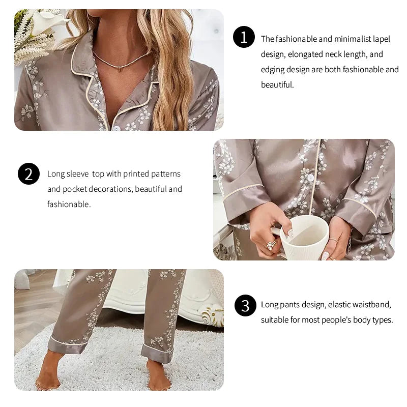 Women's Satin Pajama Set – 2-Piece Long Sleeve Button-Up Top & Pants, Soft Autumn Sleepwear & Loungewear