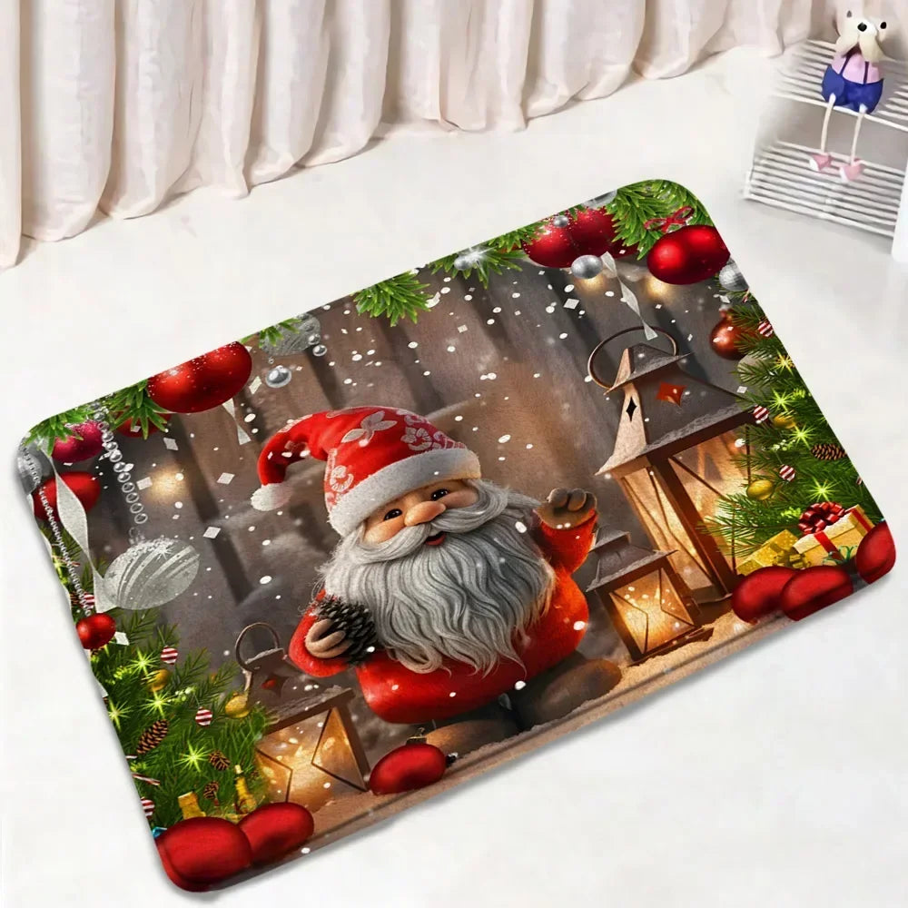 Funny Christmas Bath Mat Set – Cute Snowman, Santa Claus, Red Ball & Xmas Tree Bathroom Rugs with Toilet Lid Cover